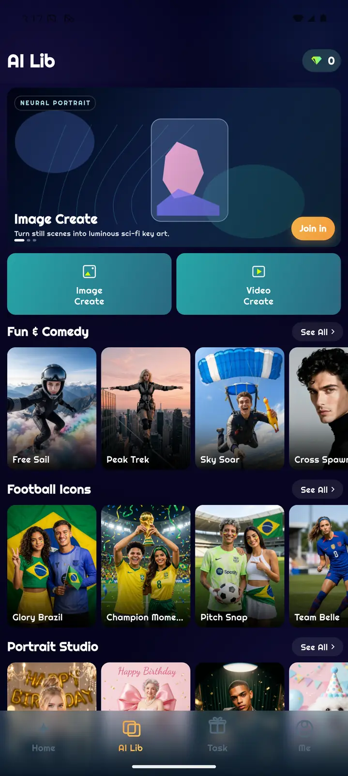 Clipora AI library screen with image and video creation options