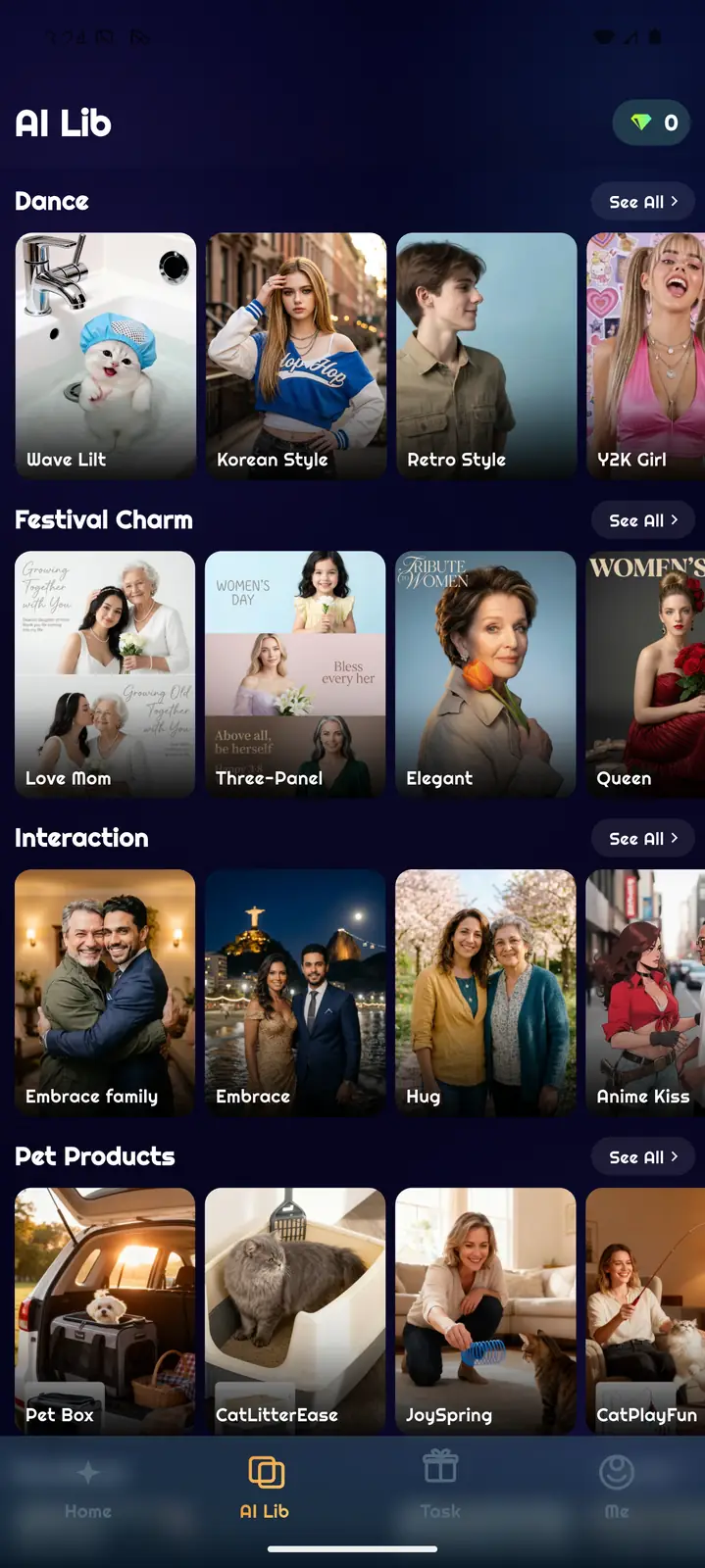 Clipora AI library with categories such as dance, festival charm, interaction, and pet products