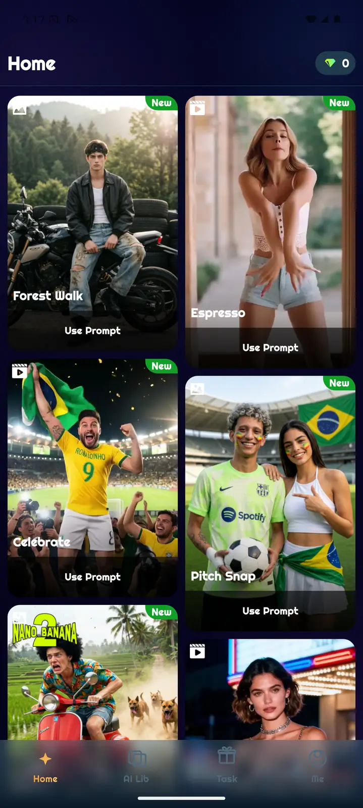 Clipora AI home feed with video prompt cards