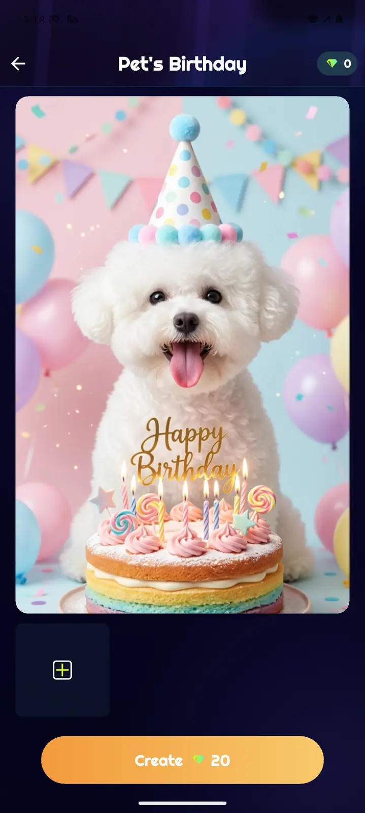 Clipora AI pet birthday creation screen
